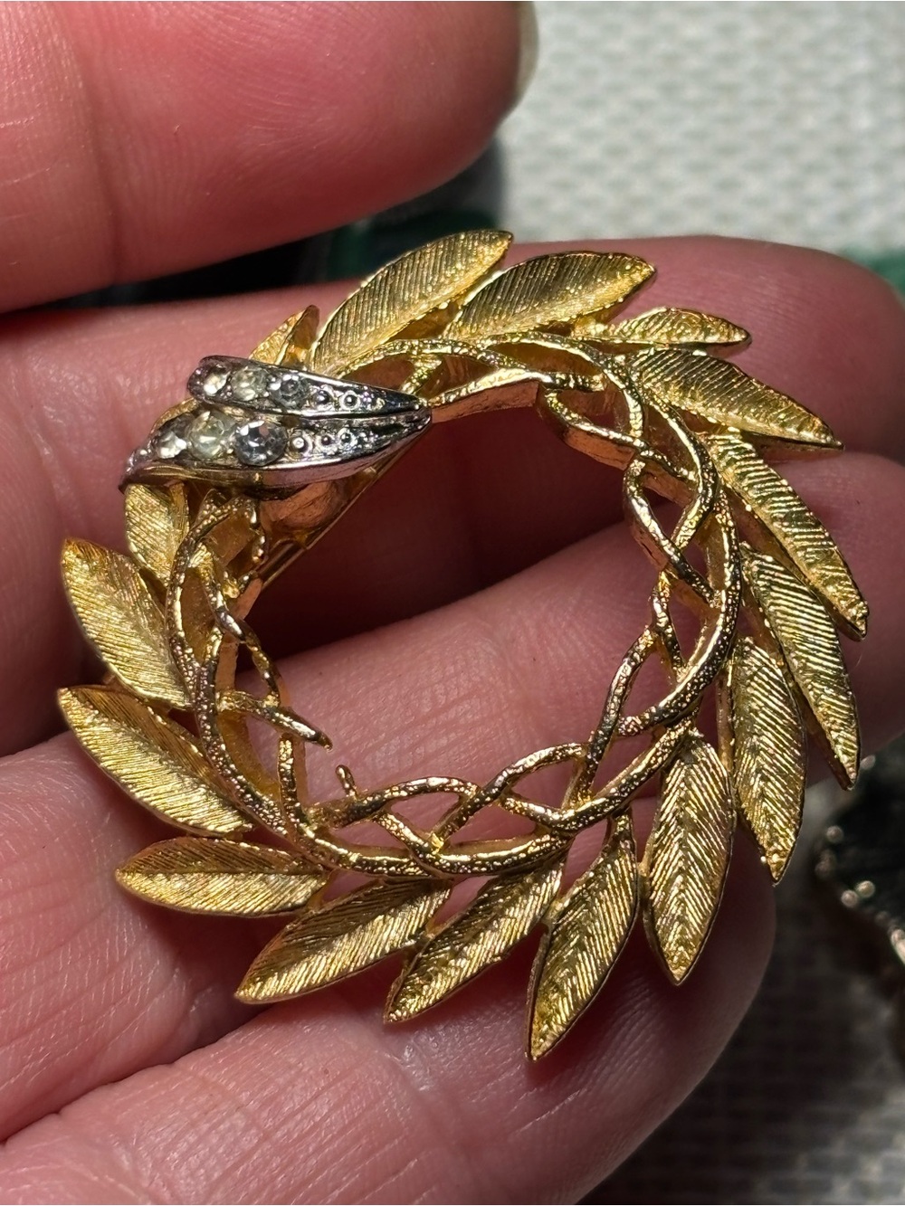 Gold-Tone Laurel Leaf Wreath Brooch with Clear Rhinestones